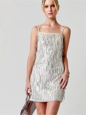 TRIXXI Cream Sequin Fringe Mini Dress